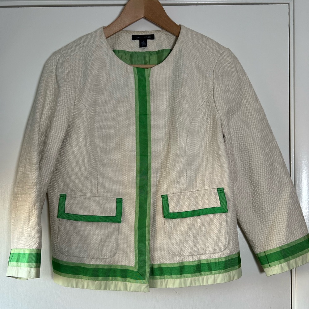 Tommy Hilfiger Collarless Blazer Grosgrain Ribbon Trim Preppy Modern Chic Summer